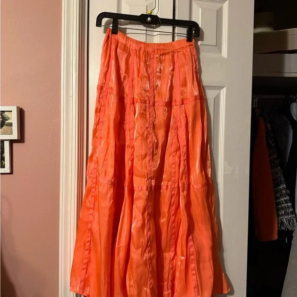 Anthropologie Satin parachute Tiered Maxi Skirt in Bright Coral - Picture 7 of 7